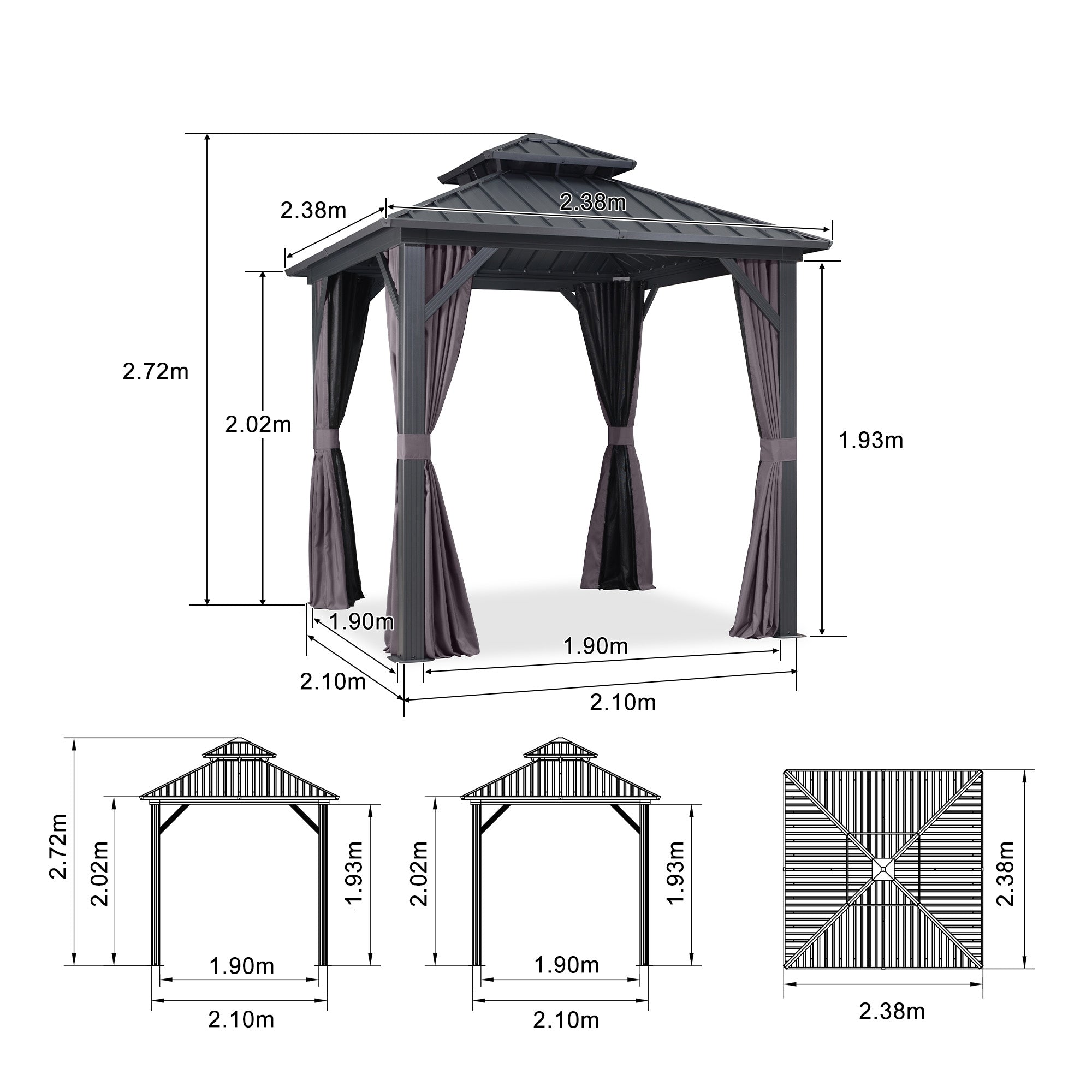 PURPLE LEAF Hardtop Tuinpaviljoen met Stalen Dak, Aluminium Frame, Gordijnen & Klamboe – Grijs