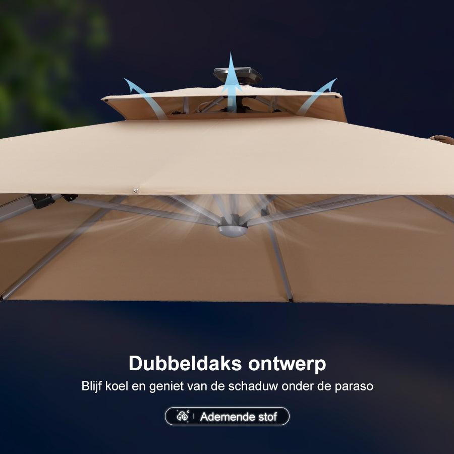 PURPLE LEAF Vierkante Zweefparasol met LED, Dubbel Dak, 360° Draaibaar voor Tuin en Terras
