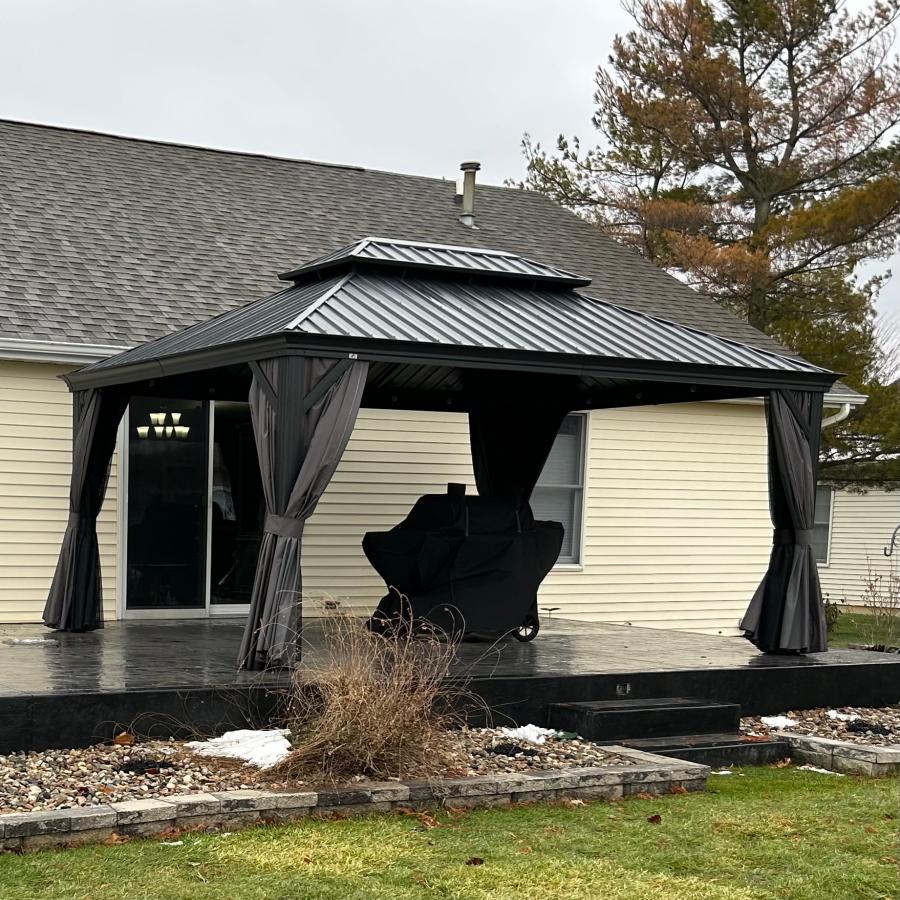 PURPLE LEAF Hardtop Tuinpaviljoen met Stalen Dak, Aluminium Frame, Gordijnen & Klamboe – Grijs