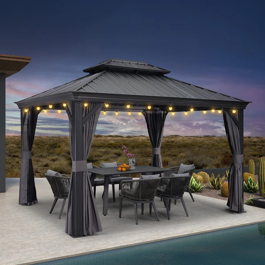 PURPLE LEAF Aluminium Hardtop Paviljoen, Luxe Tuinpaviljoen met Gegalvaniseerd Stalen Dak, Warmwitte Verlichting, Gordijnen en Klamboe, Grijs