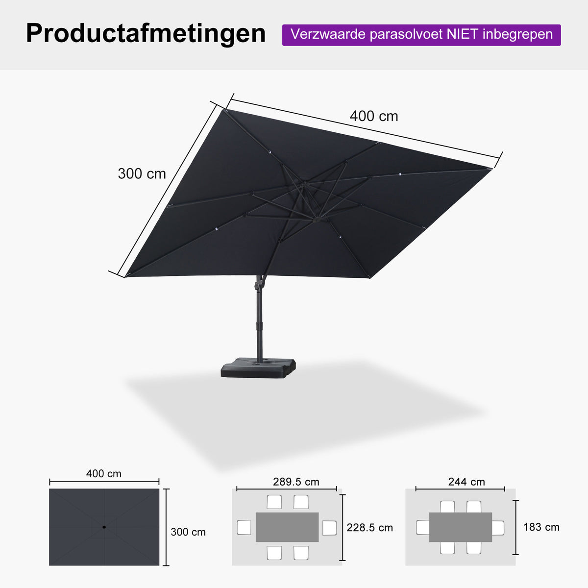 PURPLE LEAF Betaalbare Grote Parasol – Traploos Kantelbare Zweefparasol voor Tuin & Terras