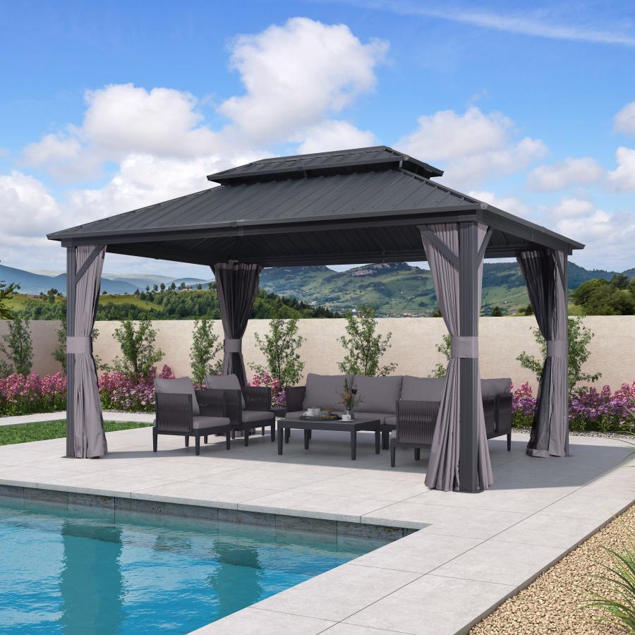 PURPLE LEAF Hardtop Tuinpaviljoen met Stalen Dak, Aluminium Frame, Gordijnen & Klamboe – Grijs
