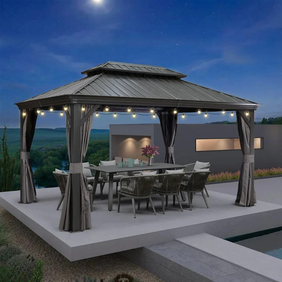 PURPLE LEAF Aluminium Hardtop Paviljoen, Luxe Tuinpaviljoen met Gegalvaniseerd Stalen Dak, Warmwitte Verlichting, Gordijnen en Klamboe, Grijs