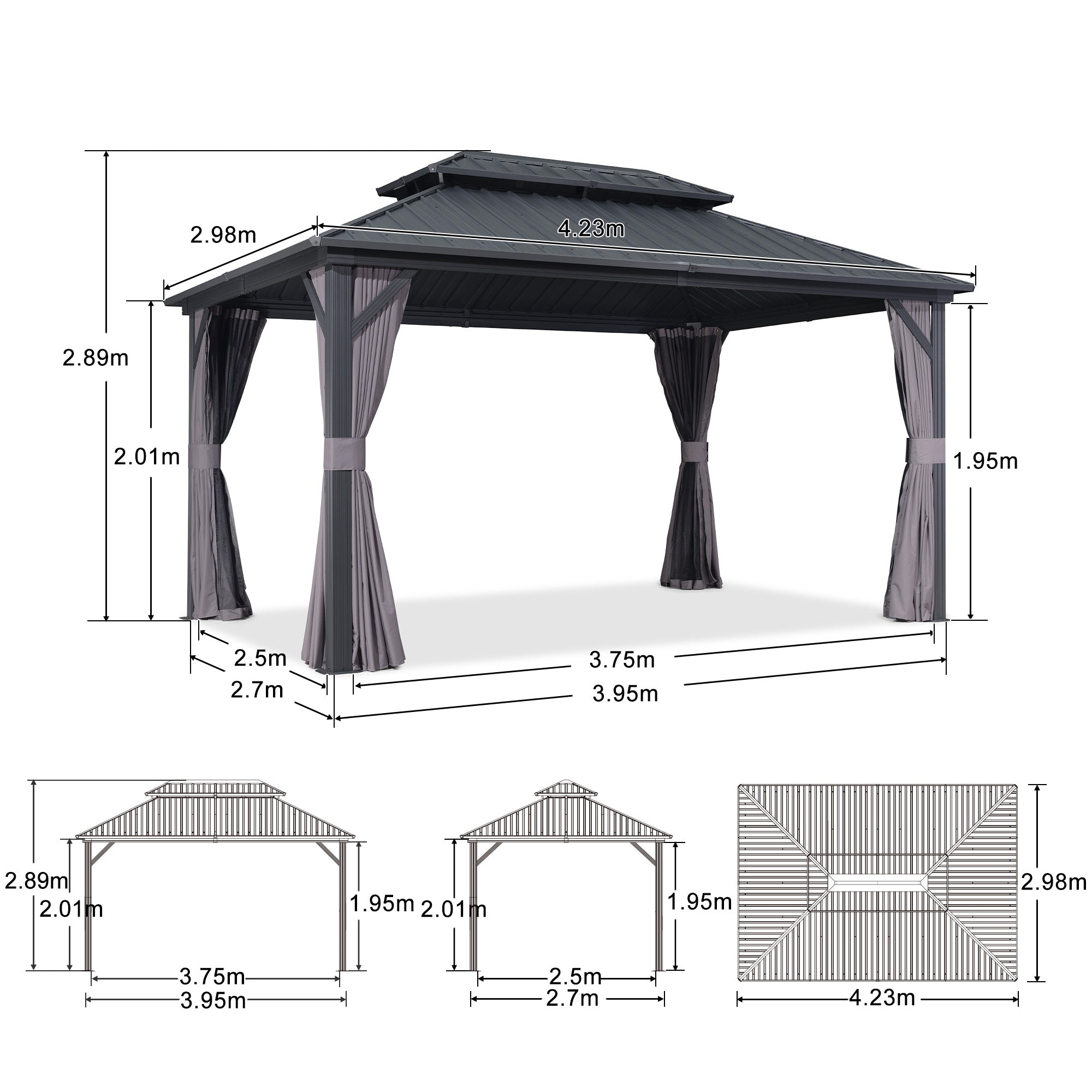 PURPLE LEAF Hardtop Tuinpaviljoen met Stalen Dak, Aluminium Frame, Gordijnen & Klamboe – Grijs