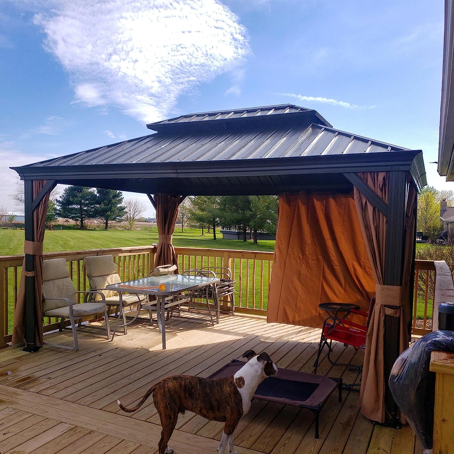 PURPLE LEAF Tuinpaviljoen Hardtop Prieel Frame Aluminium Gegalvaniseerd Stalen Dak Zonwering Partytent met Gordijn en Klamboe bronzen