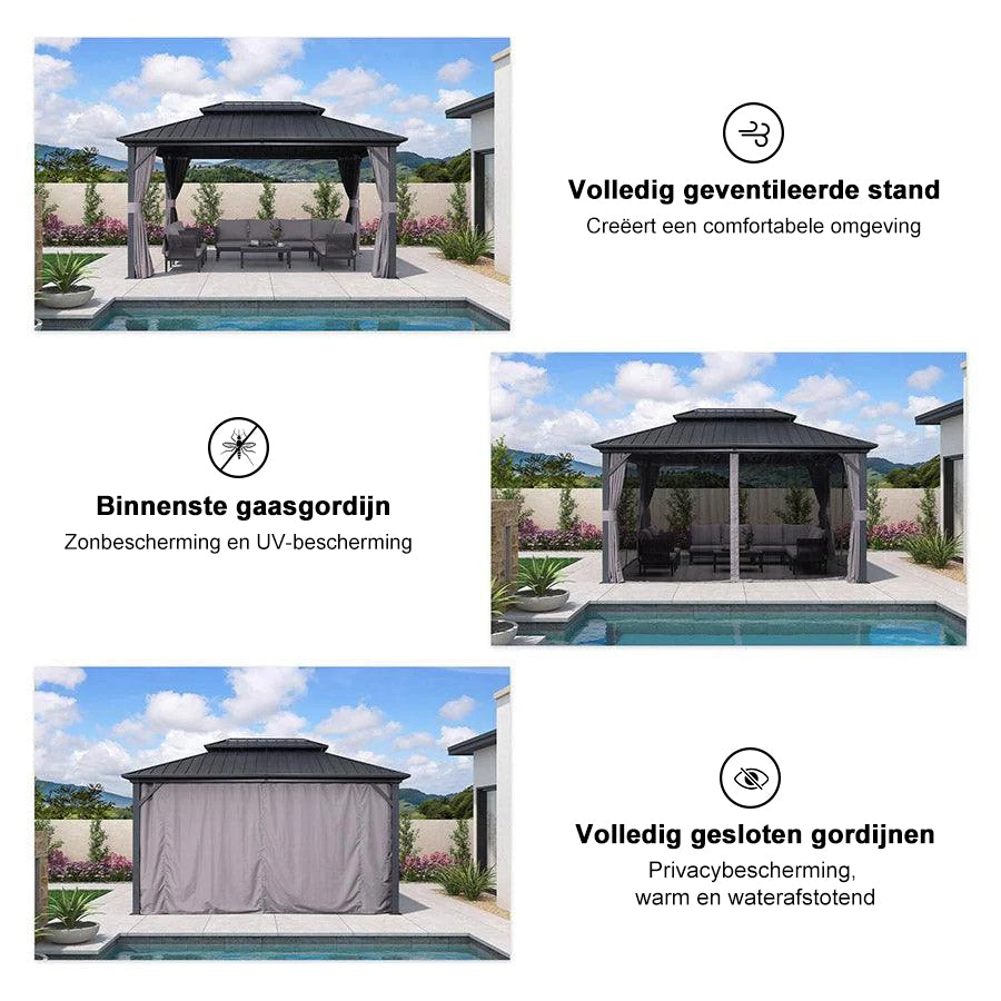 PURPLE LEAF Hardtop Tuinpaviljoen met Stalen Dak, Aluminium Frame, Gordijnen & Klamboe – Grijs