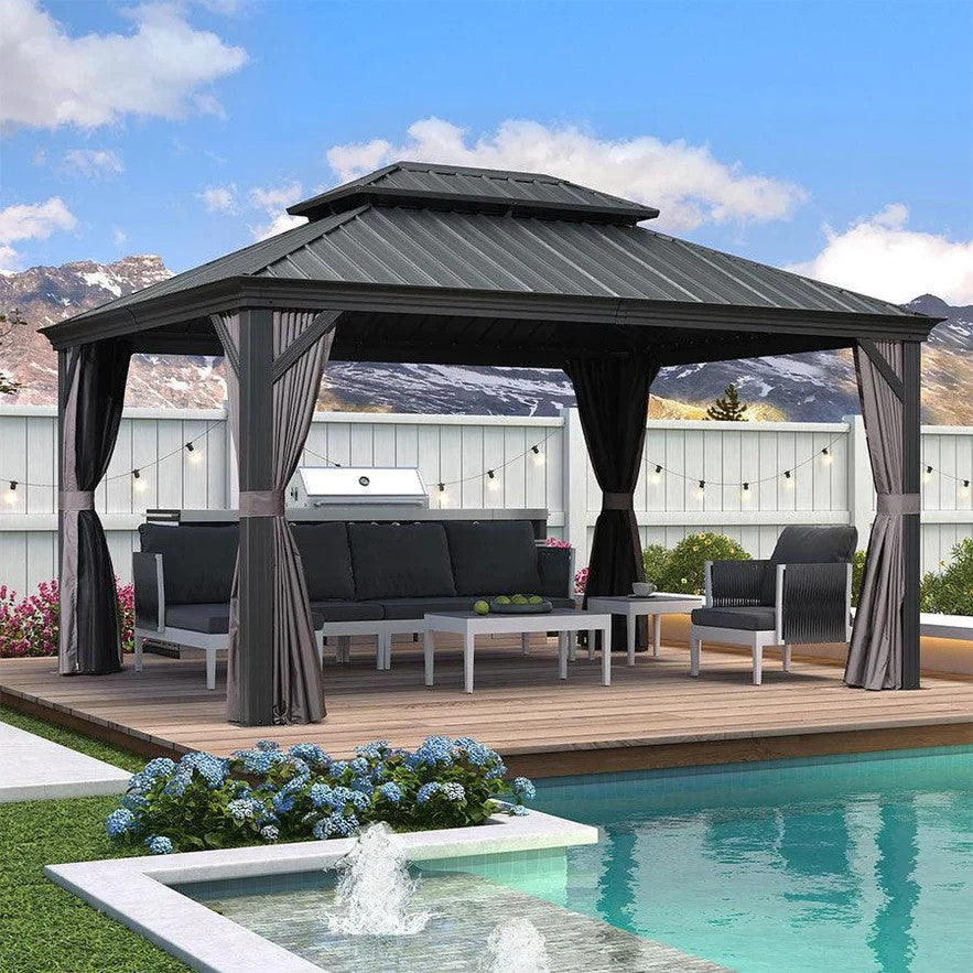 PURPLE LEAF Aluminium Hardtop Paviljoen, Luxe Tuinpaviljoen met Gegalvaniseerd Stalen Dak, Gordijnen en Klamboe, Grijs