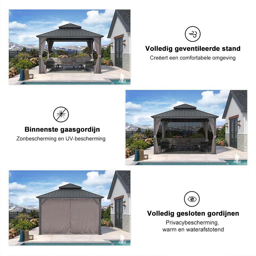 PURPLE LEAF Hardtop Tuinpaviljoen met Stalen Dak, Aluminium Frame, Gordijnen & Klamboe – Grijs