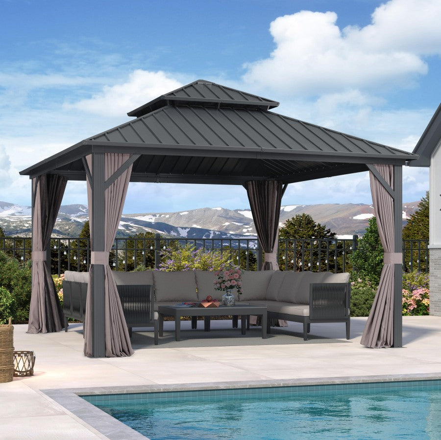 PURPLE LEAF Hardtop Tuinpaviljoen met Stalen Dak, Aluminium Frame, Gordijnen & Klamboe – Grijs