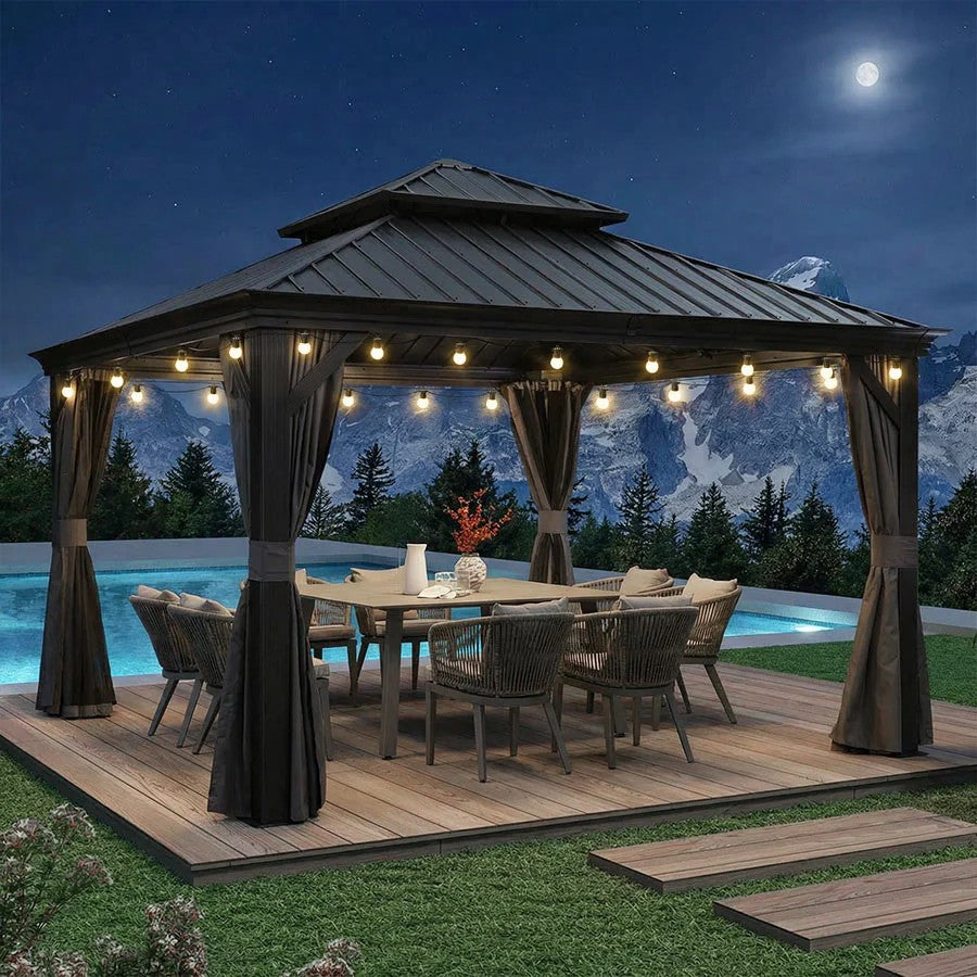 PURPLE LEAF Aluminium Hardtop Paviljoen, Luxe Tuinpaviljoen met Gegalvaniseerd Stalen Dak, Warmwitte Verlichting, Gordijnen en Klamboe, Grijs