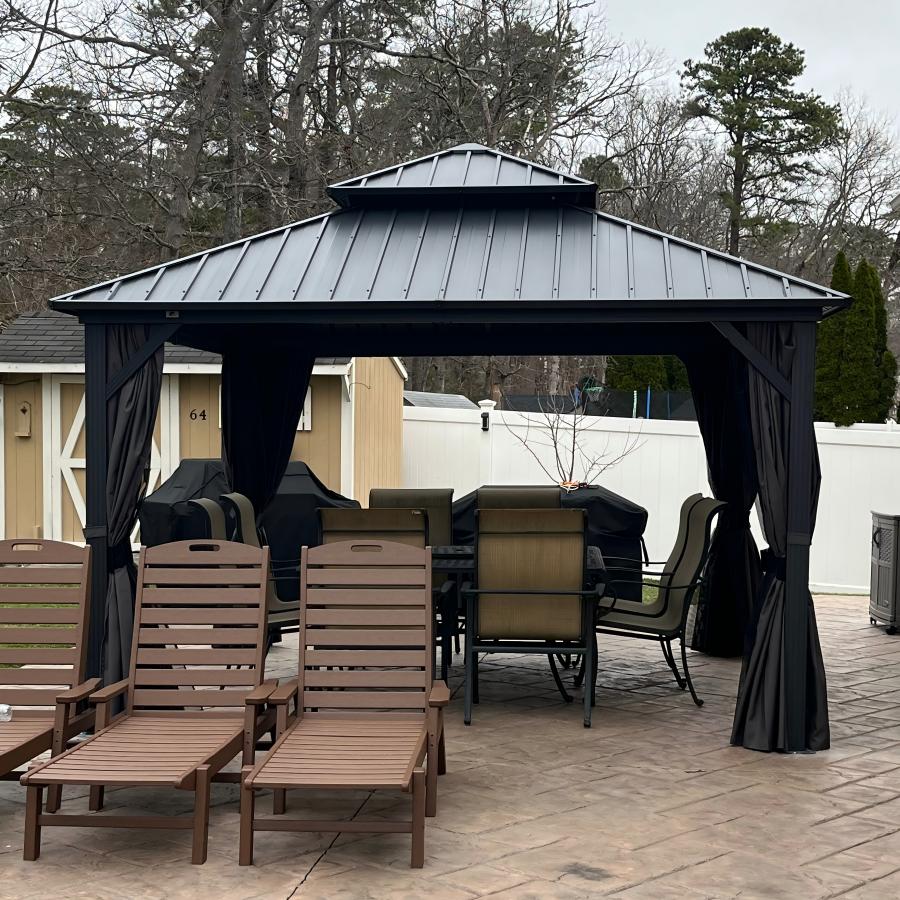 PURPLE LEAF Hardtop Tuinpaviljoen met Stalen Dak, Aluminium Frame, Gordijnen & Klamboe – Grijs