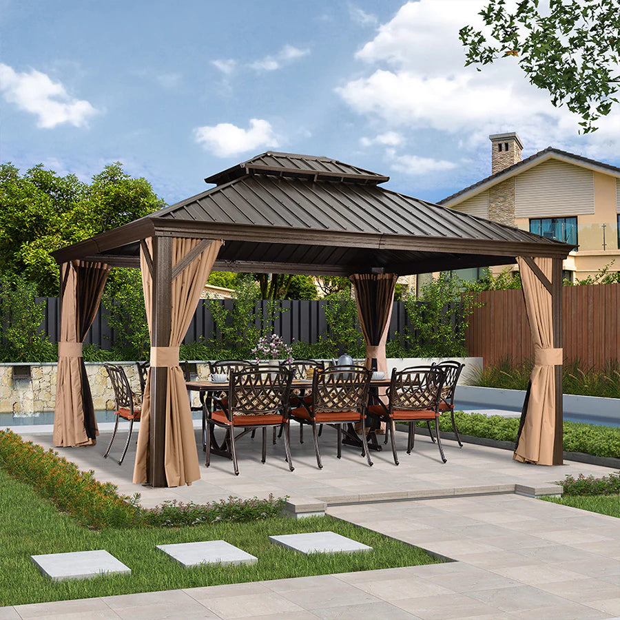 PURPLE LEAF Tuinpaviljoen Hardtop Prieel Frame Aluminium Gegalvaniseerd Stalen Dak Zonwering Partytent met Gordijn en Klamboe bronzen