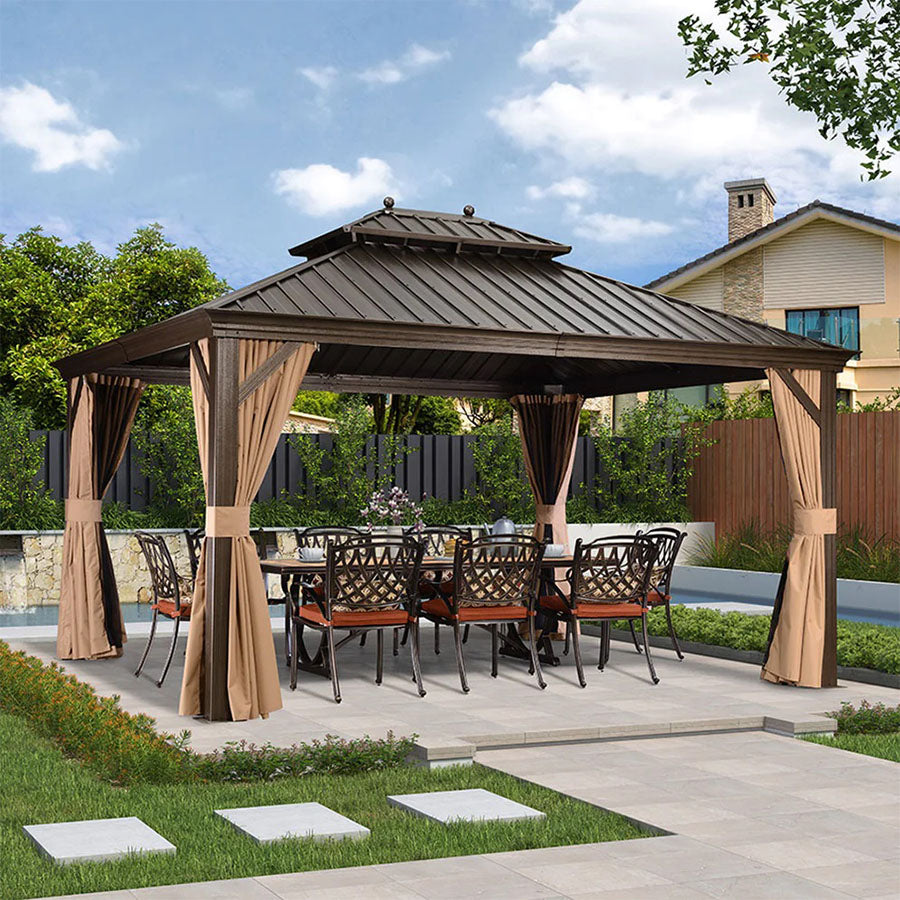 PURPLE LEAF Tuinpaviljoen Hardtop Prieel Frame Aluminium Gegalvaniseerd Stalen Dak Zonwering Partytent met Gordijn en Klamboe bronzen