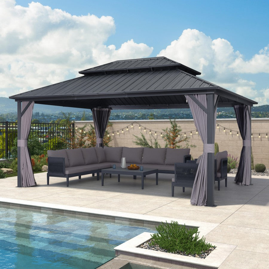 PURPLE LEAF Hardtop Tuinpaviljoen met Stalen Dak, Aluminium Frame, Gordijnen & Klamboe – Grijs