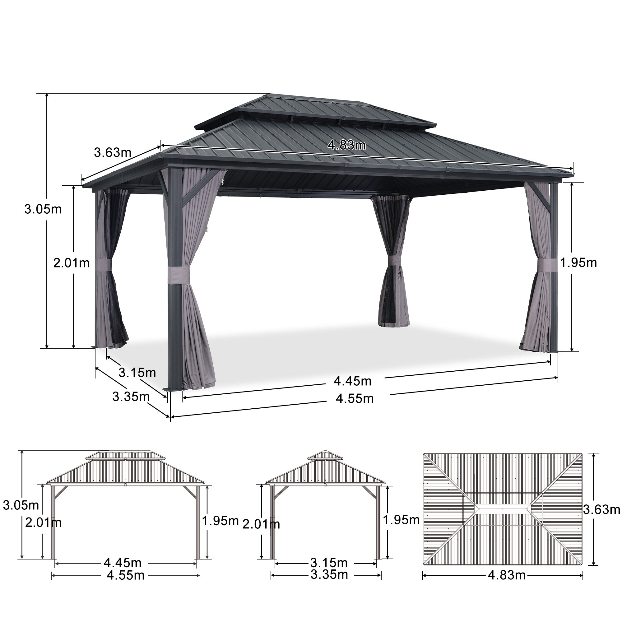 PURPLE LEAF Hardtop Tuinpaviljoen met Stalen Dak, Aluminium Frame, Gordijnen & Klamboe – Grijs