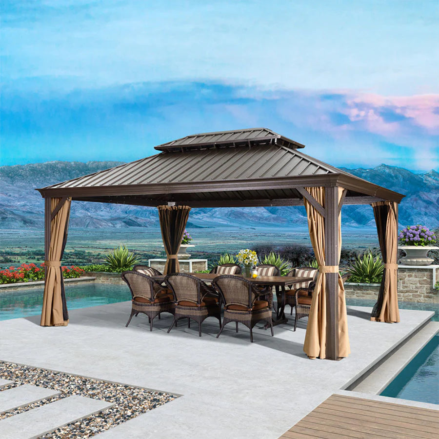 PURPLE LEAF Tuinpaviljoen Hardtop Prieel Frame Aluminium Gegalvaniseerd Stalen Dak Zonwering Partytent met Gordijn en Klamboe bronzen