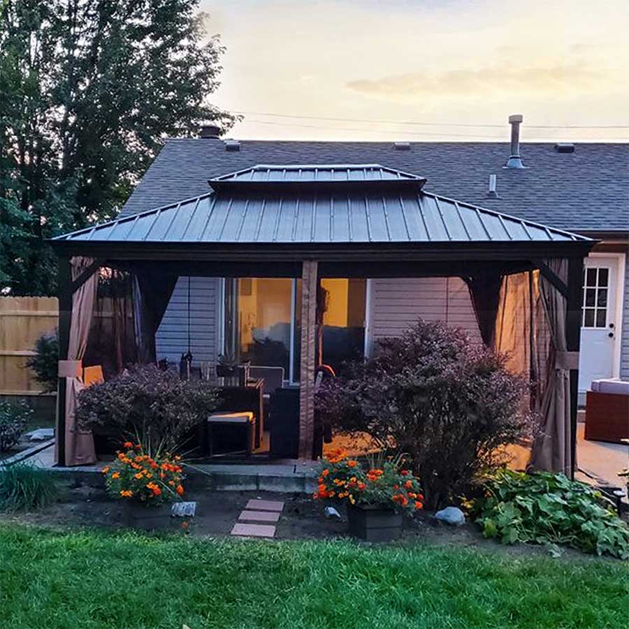 PURPLE LEAF Tuinpaviljoen Hardtop Prieel Frame Aluminium Gegalvaniseerd Stalen Dak Zonwering Partytent met Gordijn en Klamboe bronzen