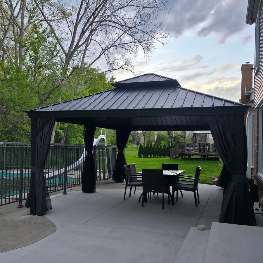 PURPLE LEAF Aluminium Hardtop Paviljoen, Luxe Tuinpaviljoen met Gegalvaniseerd Stalen Dak, Warmwitte Verlichting, Gordijnen en Klamboe, Grijs
