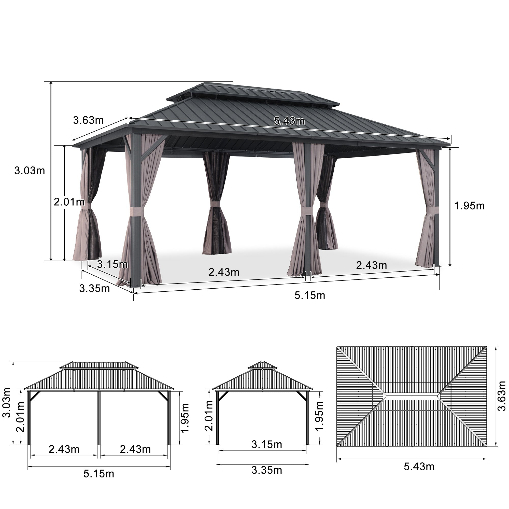 PURPLE LEAF Hardtop Tuinpaviljoen met Stalen Dak, Aluminium Frame, Gordijnen & Klamboe – Grijs