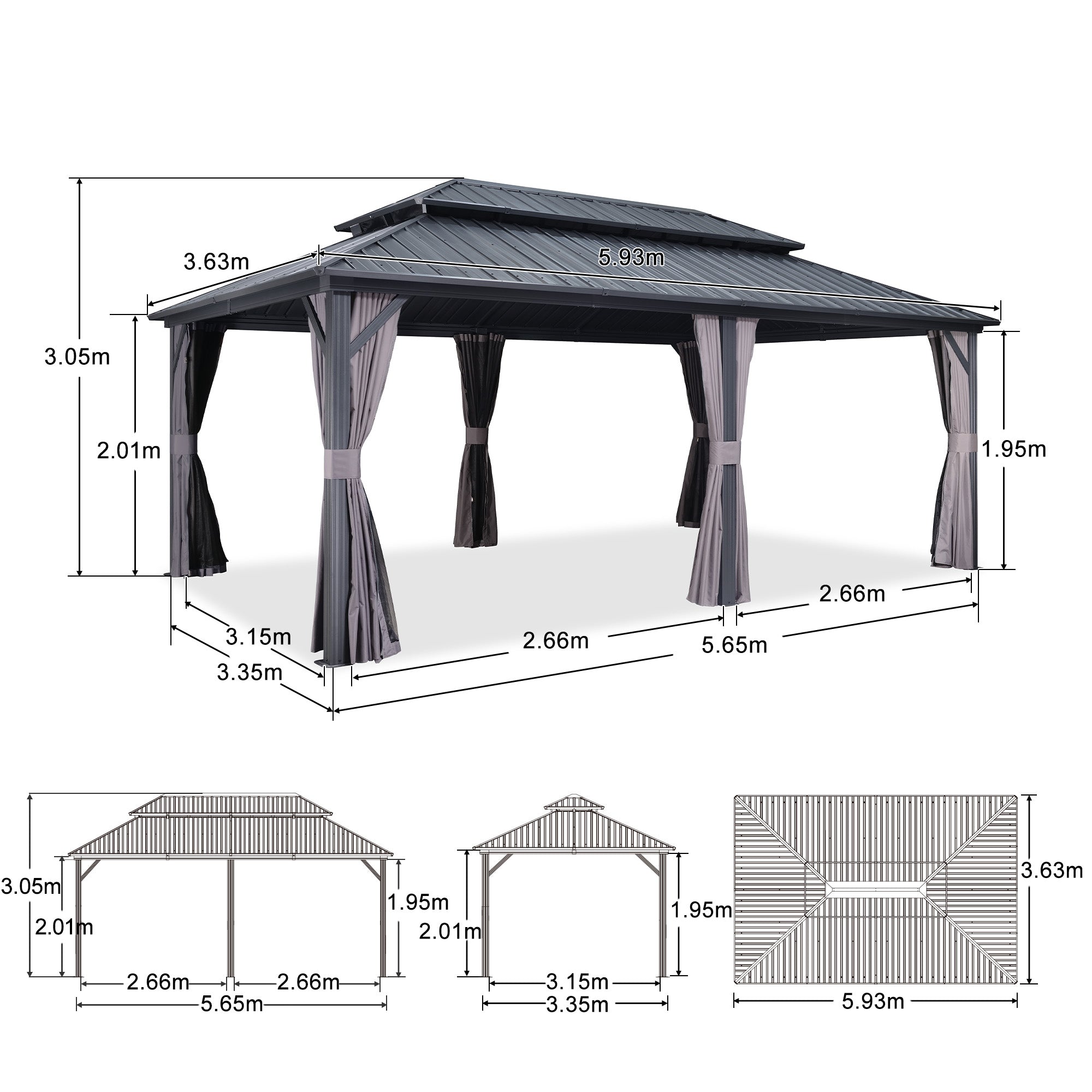 PURPLE LEAF Hardtop Tuinpaviljoen met Stalen Dak, Aluminium Frame, Gordijnen & Klamboe – Grijs