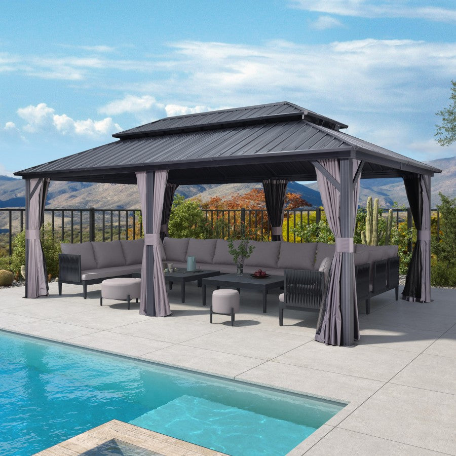 PURPLE LEAF Hardtop Tuinpaviljoen met Stalen Dak, Aluminium Frame, Gordijnen & Klamboe – Grijs