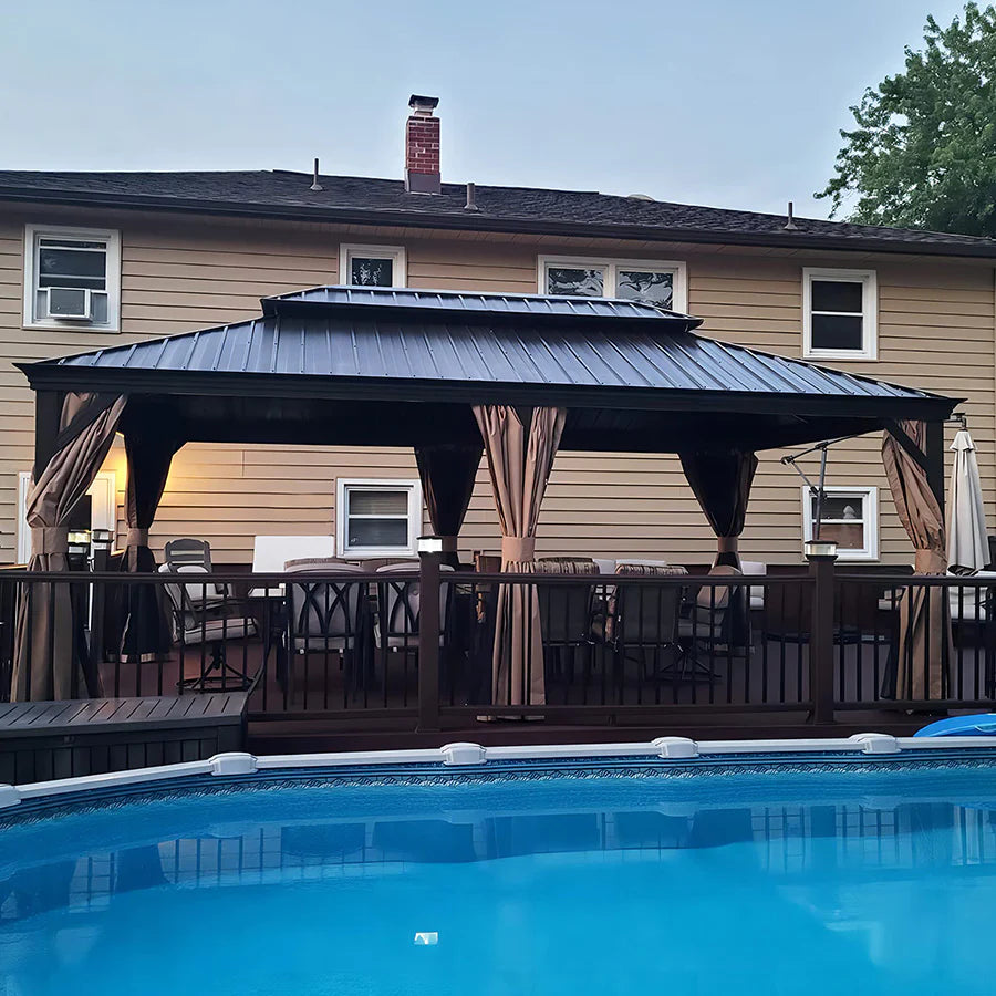 PURPLE LEAF Tuinpaviljoen Hardtop Prieel Frame Aluminium Gegalvaniseerd Stalen Dak Zonwering Partytent met Gordijn en Klamboe bronzen