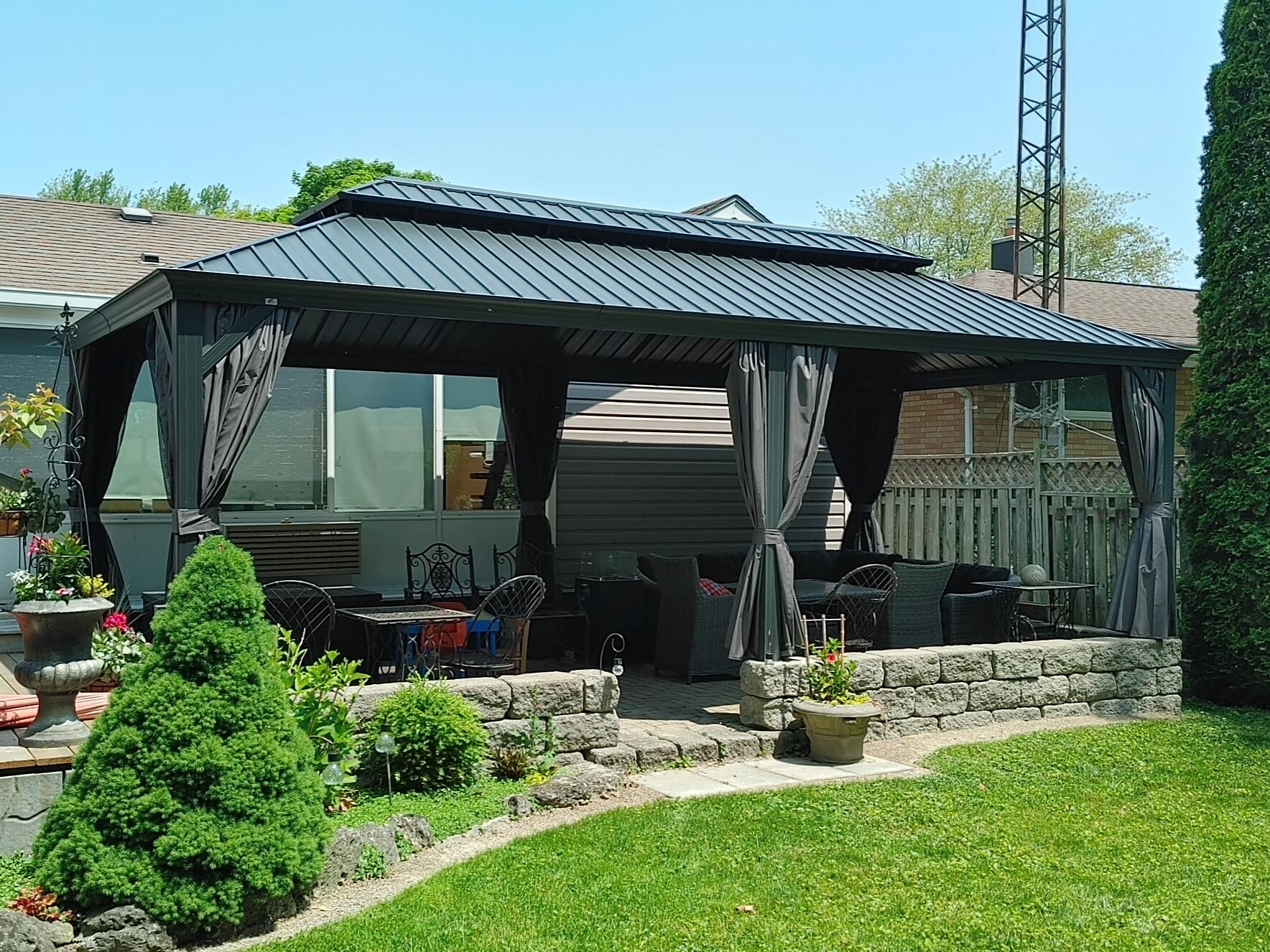 PURPLE LEAF Aluminium Hardtop Paviljoen, Luxe Tuinpaviljoen met Gegalvaniseerd Stalen Dak, Warmwitte Verlichting, Gordijnen en Klamboe, Grijs