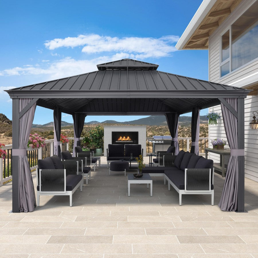 PURPLE LEAF Aluminium Hardtop Paviljoen, Luxe Tuinpaviljoen met Gegalvaniseerd Stalen Dak, Gordijnen en Klamboe, Grijs