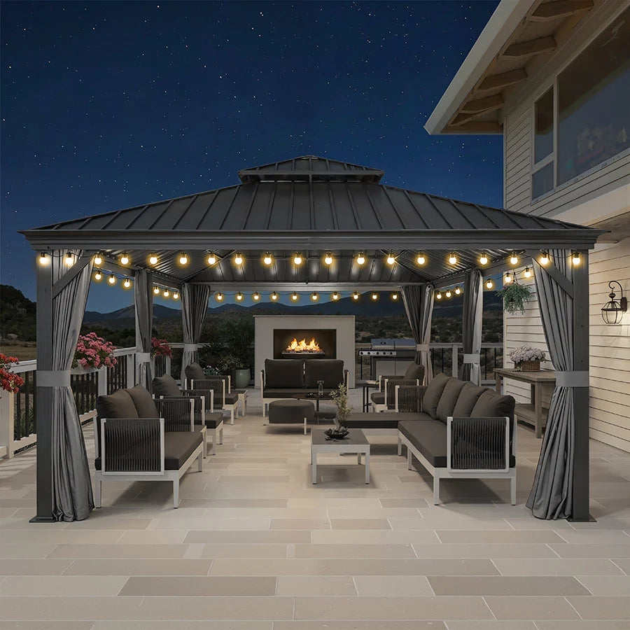 PURPLE LEAF Aluminium Hardtop Paviljoen, Luxe Tuinpaviljoen met Gegalvaniseerd Stalen Dak, Warmwitte Verlichting, Gordijnen en Klamboe, Grijs