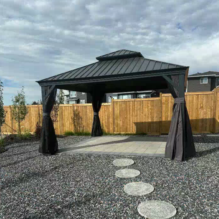 PURPLE LEAF Aluminium Hardtop Paviljoen, Luxe Tuinpaviljoen met Gegalvaniseerd Stalen Dak, Warmwitte Verlichting, Gordijnen en Klamboe, Grijs