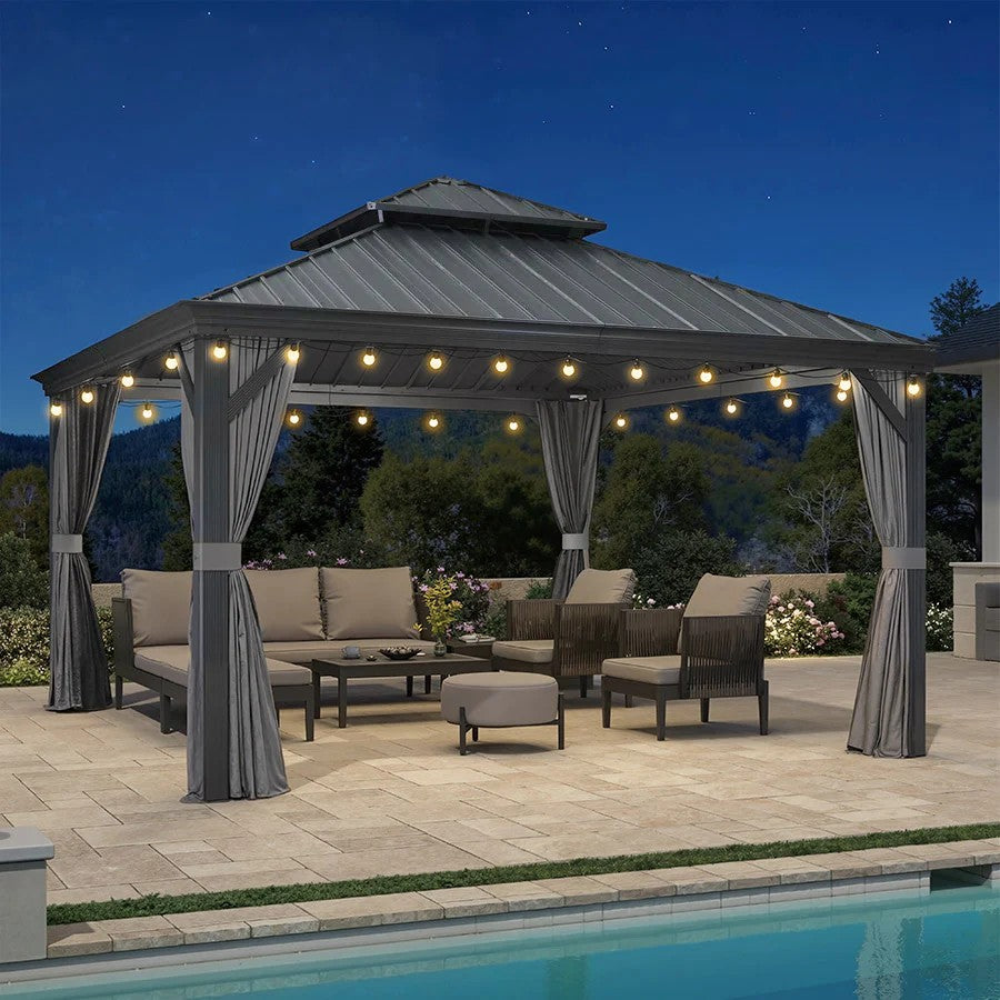 PURPLE LEAF Aluminium Hardtop Paviljoen, Luxe Tuinpaviljoen met Gegalvaniseerd Stalen Dak, Warmwitte Verlichting, Gordijnen en Klamboe, Grijs