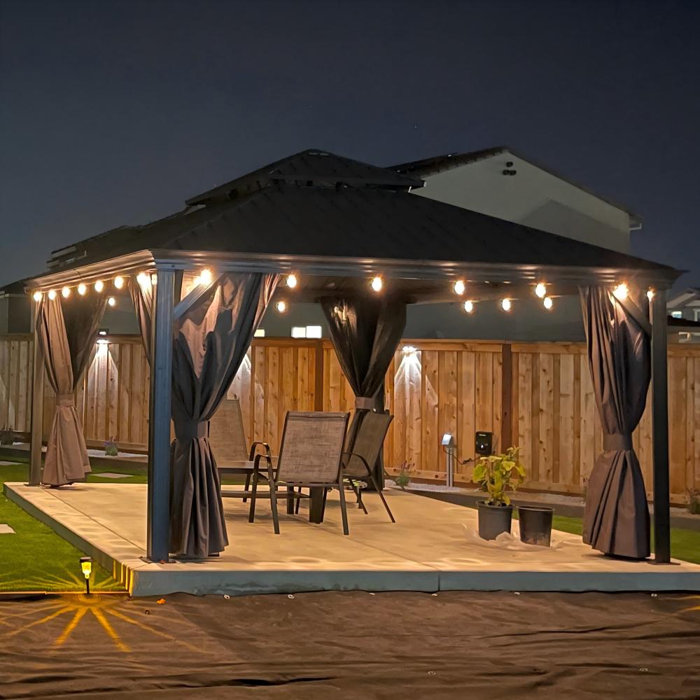 PURPLE LEAF Aluminium Hardtop Paviljoen, Luxe Tuinpaviljoen met Gegalvaniseerd Stalen Dak, Warmwitte Verlichting, Gordijnen en Klamboe, Grijs