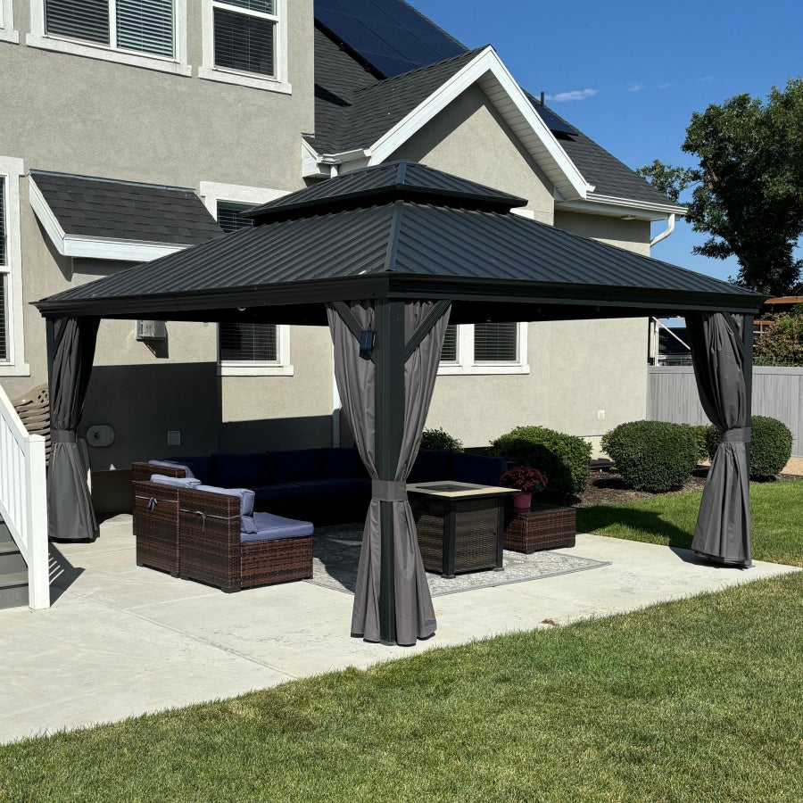 PURPLE LEAF Aluminium Hardtop Paviljoen, Luxe Tuinpaviljoen met Gegalvaniseerd Stalen Dak, Warmwitte Verlichting, Gordijnen en Klamboe, Grijs