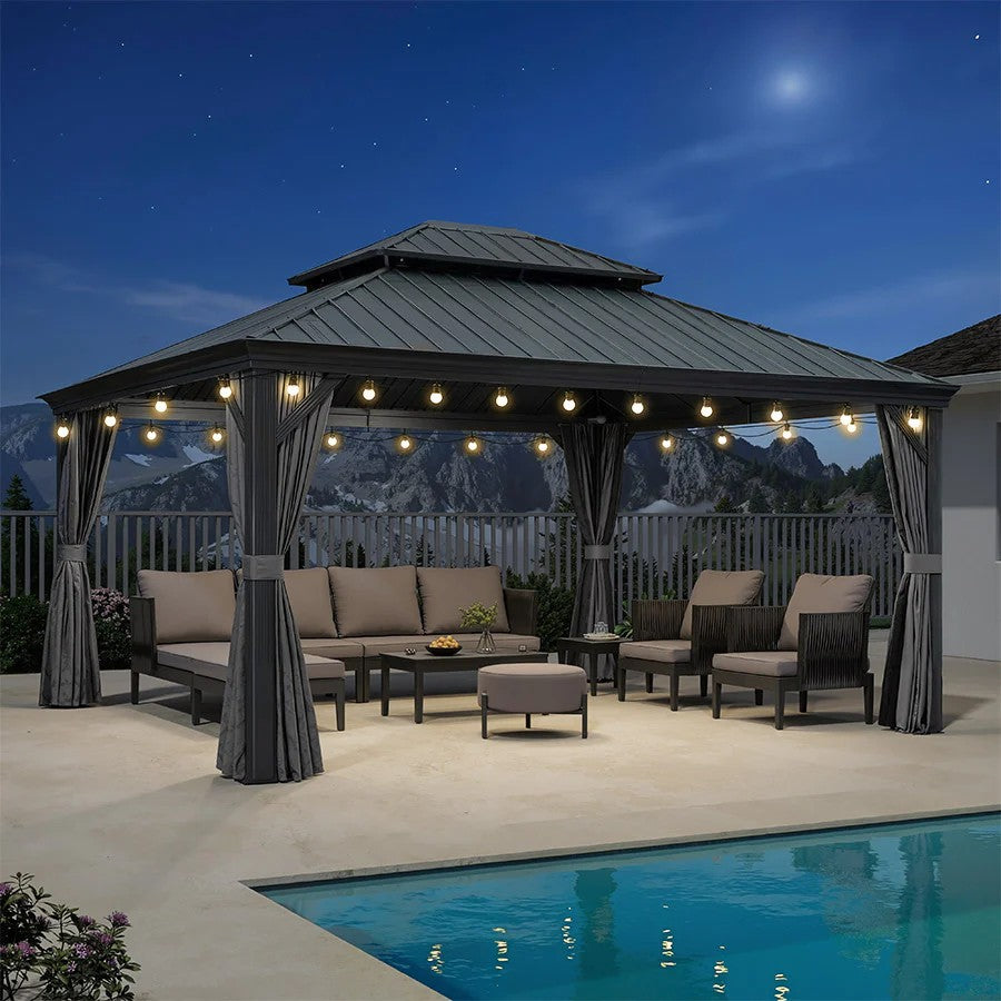 PURPLE LEAF Aluminium Hardtop Paviljoen, Luxe Tuinpaviljoen met Gegalvaniseerd Stalen Dak, Warmwitte Verlichting, Gordijnen en Klamboe, Grijs