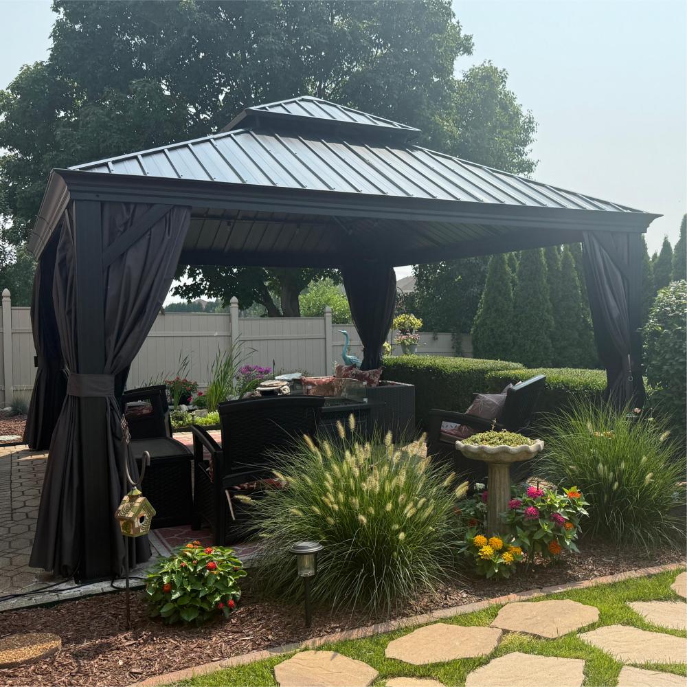 PURPLE LEAF Aluminium Hardtop Paviljoen, Luxe Tuinpaviljoen met Gegalvaniseerd Stalen Dak, Warmwitte Verlichting, Gordijnen en Klamboe, Grijs
