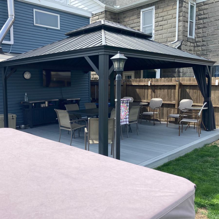 PURPLE LEAF Aluminium Hardtop Paviljoen, Luxe Tuinpaviljoen met Gegalvaniseerd Stalen Dak, Warmwitte Verlichting, Gordijnen en Klamboe, Grijs