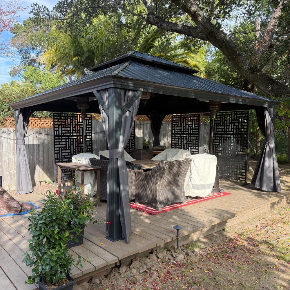 PURPLE LEAF Aluminium Hardtop Paviljoen, Luxe Tuinpaviljoen met Gegalvaniseerd Stalen Dak, Warmwitte Verlichting, Gordijnen en Klamboe, Grijs