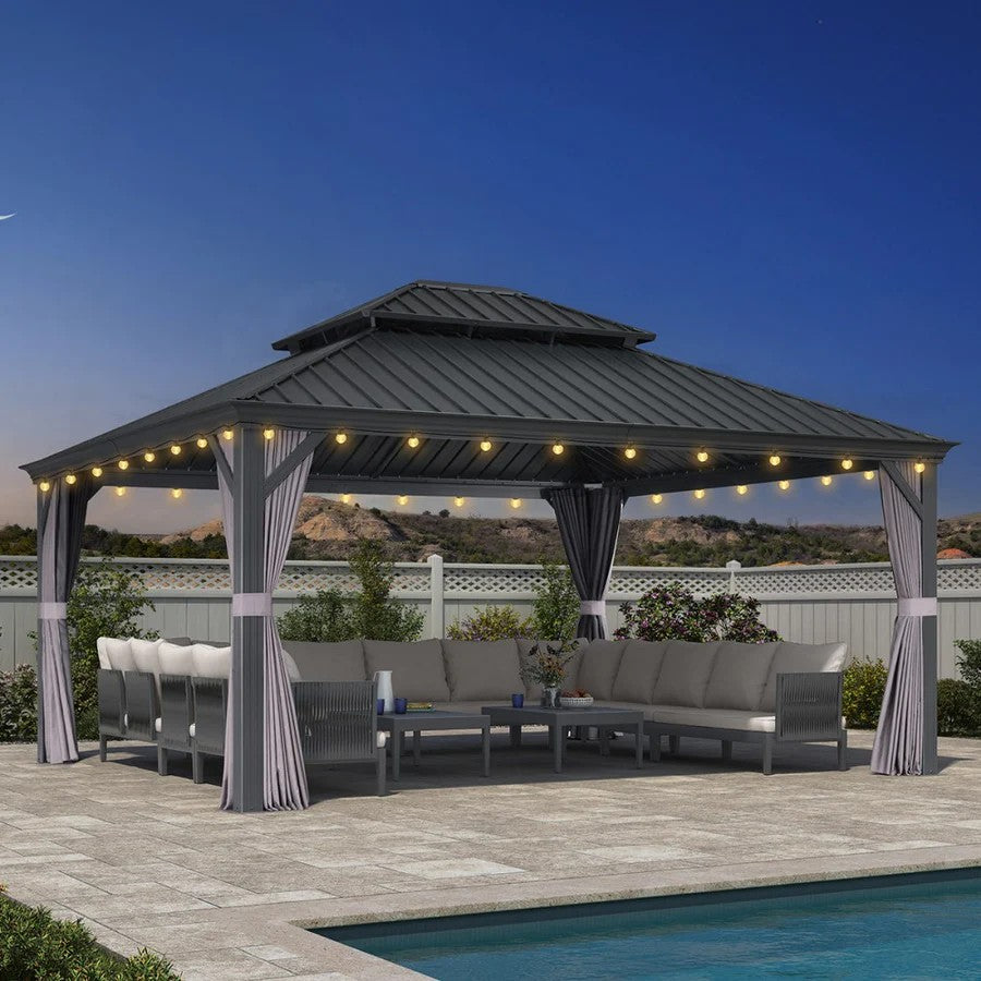 PURPLE LEAF Aluminium Hardtop Paviljoen, Luxe Tuinpaviljoen met Gegalvaniseerd Stalen Dak, Warmwitte Verlichting, Gordijnen en Klamboe, Grijs