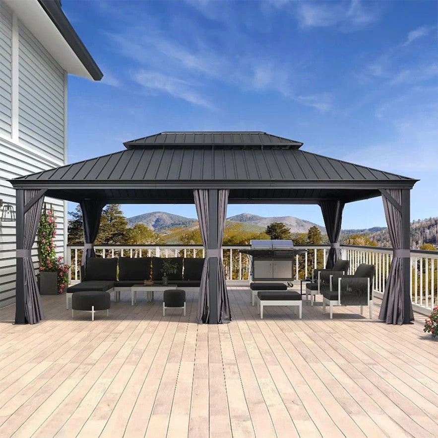PURPLE LEAF Aluminium Hardtop Paviljoen, Luxe Tuinpaviljoen met Gegalvaniseerd Stalen Dak, Gordijnen en Klamboe, Grijs
