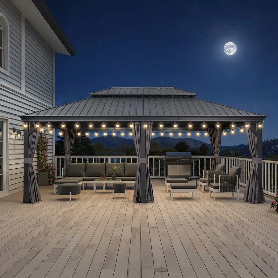 PURPLE LEAF Aluminium Hardtop Paviljoen, Luxe Tuinpaviljoen met Gegalvaniseerd Stalen Dak, Warmwitte Verlichting, Gordijnen en Klamboe, Grijs