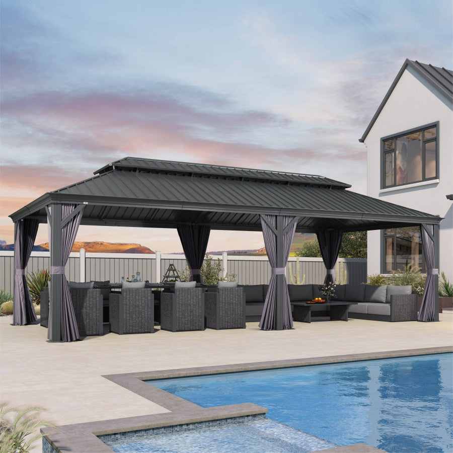 PURPLE LEAF Aluminium Hardtop Paviljoen, Luxe Tuinpaviljoen met Gegalvaniseerd Stalen Dak, Gordijnen en Klamboe, Grijs