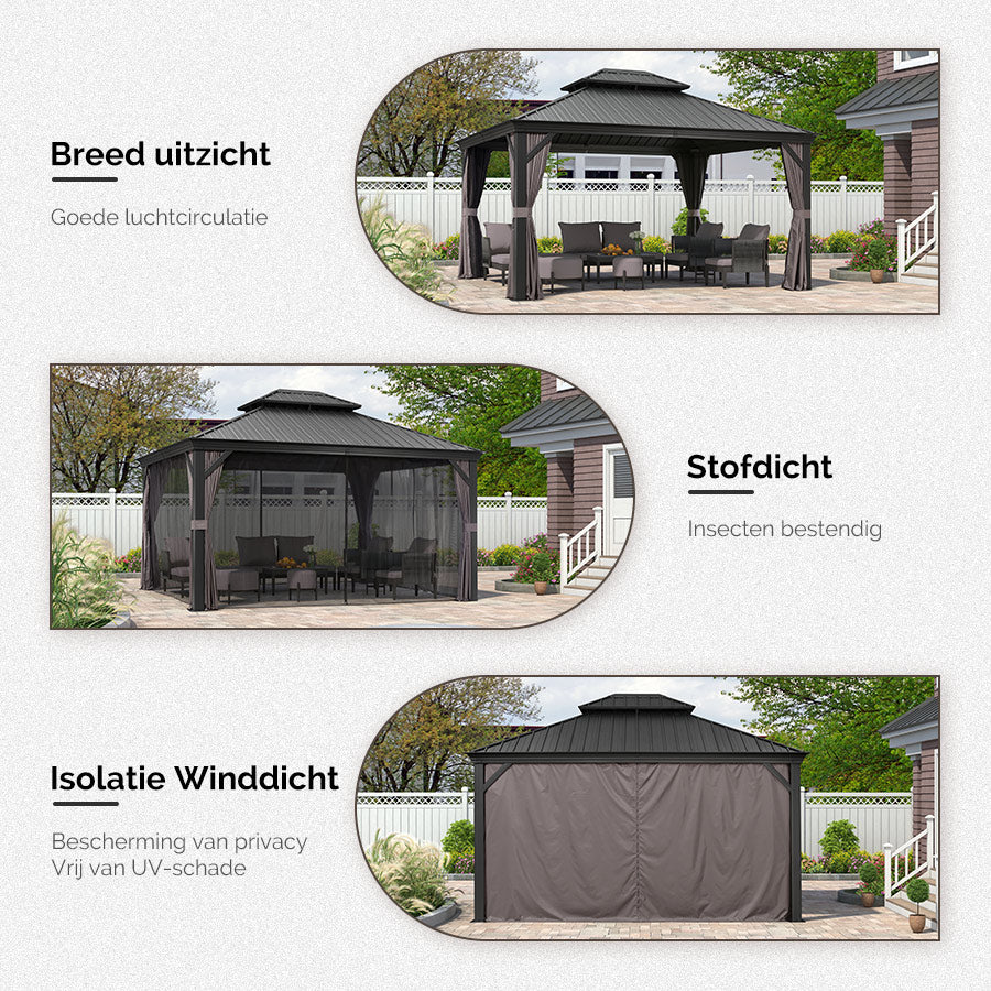 PURPLE LEAF Hardtop Prieel Tuin Frame Aluminium Tuinpaviljoen Gegalvaniseerd Stalen Dak Zonwering Partytent met Gordijn en Klamboe Grijs