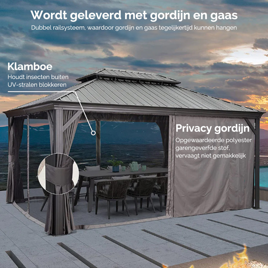 PURPLE LEAF Hardtop Prieel Tuin Frame Aluminium Tuinpaviljoen Gegalvaniseerd Stalen Dak Zonwering Partytent met Gordijn en Klamboe Grijs