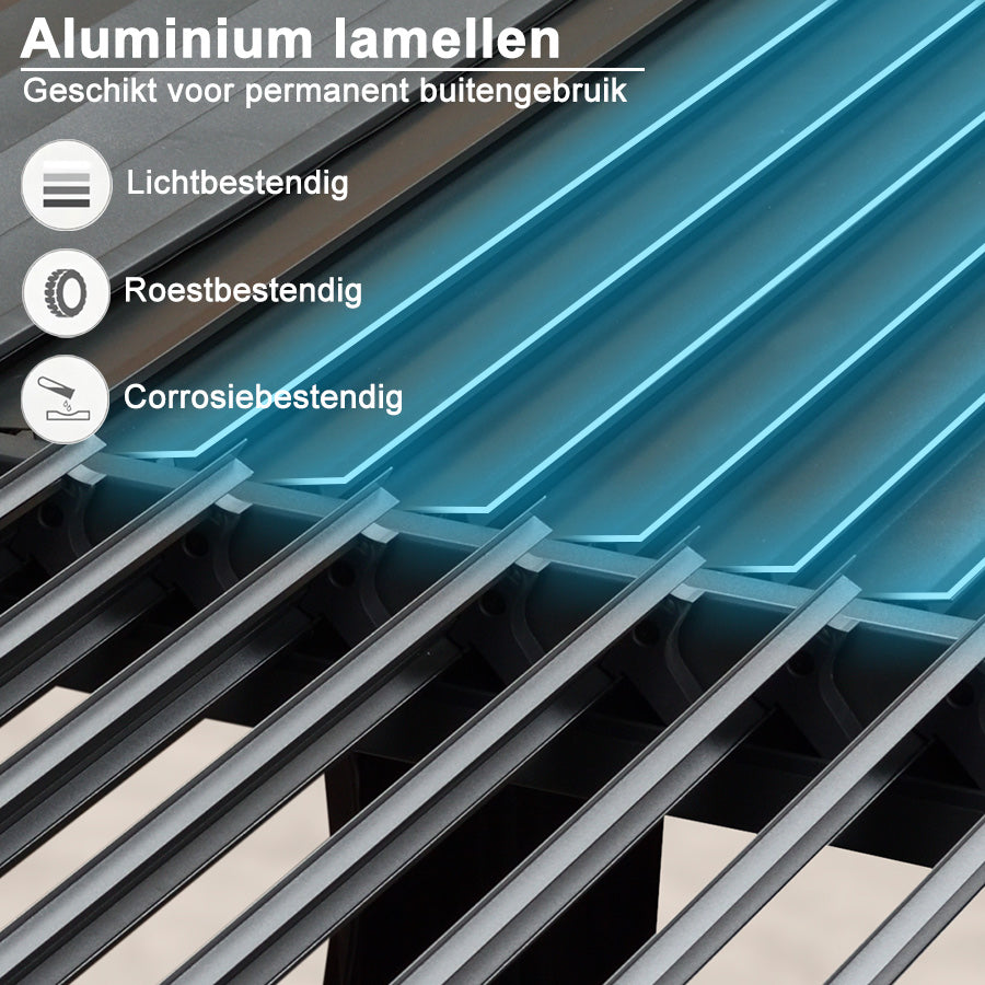 PURPLE LEAF Paviljoen 3 x 4 m Waterdichte pergola met gaasdak Aluminium terrasoverkapping Hardtop paviljoen met klamboe en gordijnen, grijs