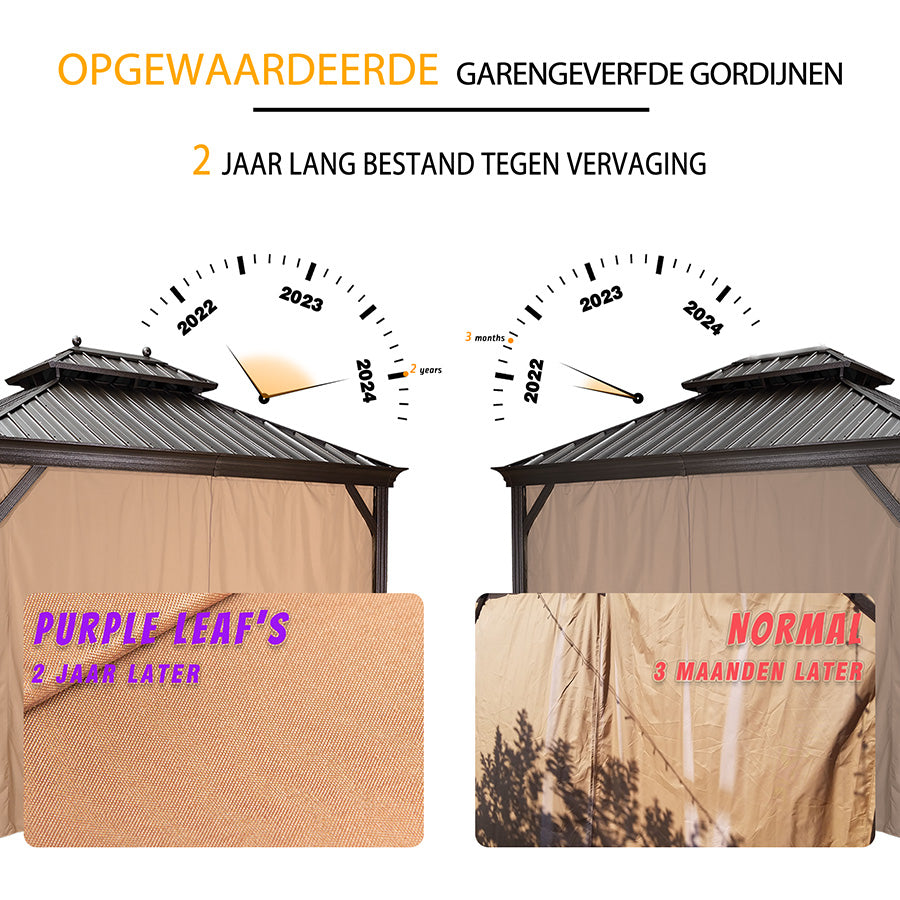 PURPLE LEAF Tuinpaviljoen Hardtop Prieel Frame Aluminium Gegalvaniseerd Stalen Dak Zonwering Partytent met Gordijn en Klamboe bronzen