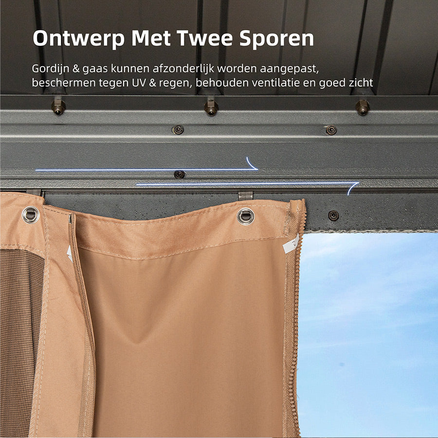 PURPLE LEAF Tuinpaviljoen Hardtop Prieel Frame Aluminium Gegalvaniseerd Stalen Dak Zonwering Partytent met Gordijn en Klamboe bronzen