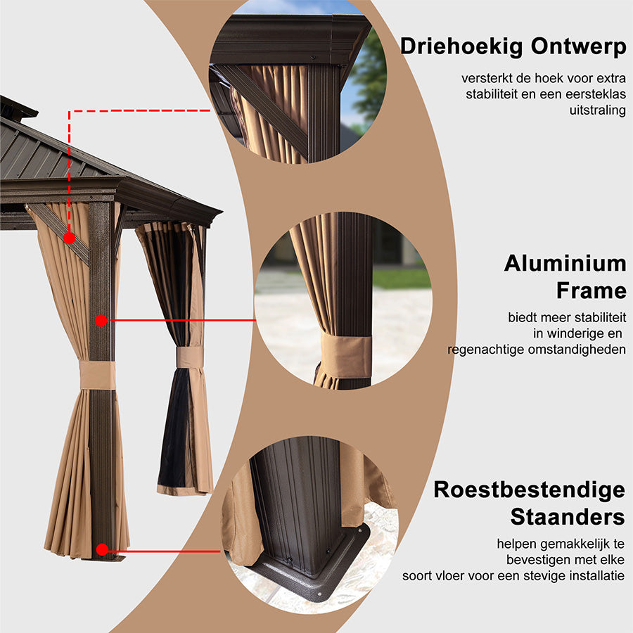 PURPLE LEAF Tuinpaviljoen Hardtop Prieel Frame Aluminium Gegalvaniseerd Stalen Dak Zonwering Partytent met Gordijn en Klamboe bronzen