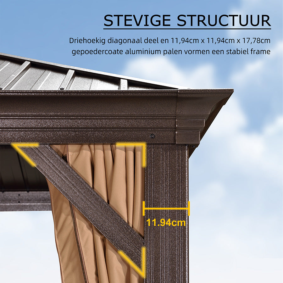 PURPLE LEAF Tuinpaviljoen Hardtop Prieel Frame Aluminium Gegalvaniseerd Stalen Dak Zonwering Partytent met Gordijn en Klamboe bronzen