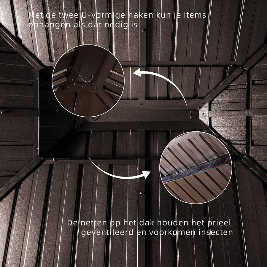 PURPLE LEAF Tuinpaviljoen Hardtop Prieel Frame Aluminium Gegalvaniseerd Stalen Dak Zonwering Partytent met Gordijn en Klamboe bronzen