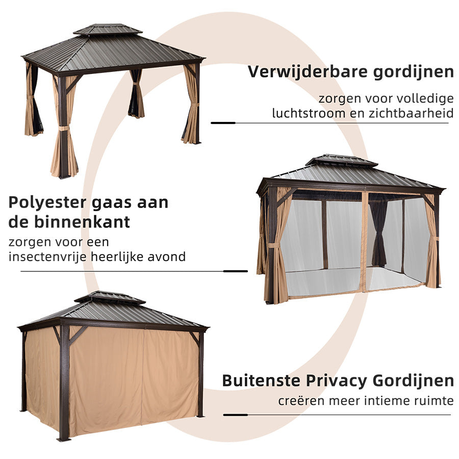 PURPLE LEAF Tuinpaviljoen Hardtop Prieel Frame Aluminium Gegalvaniseerd Stalen Dak Zonwering Partytent met Gordijn en Klamboe bronzen